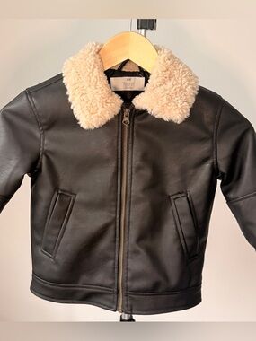 H&M Kids Black Aviator Jacket with Sherpa Collar - Size 4 Vegan Leather